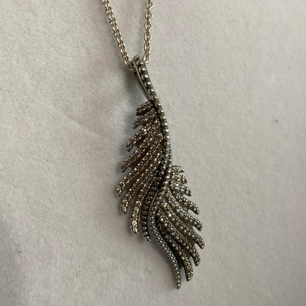 Pandora Phoenix Feather silver pendant with clear CZs. Sterling 925